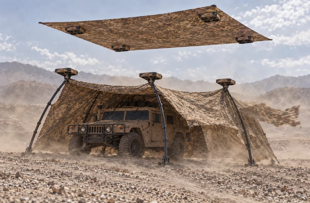 Air Cover deployed over a Humvee in the desert, with a second canopy overhead